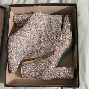 Betsey Johnson Crystal-Encrusted Pink Gold Ankle Boots